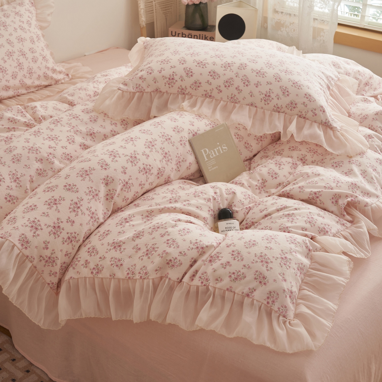 91家纺网 家纺一手货源 找家纺 晨曦家纺 2026春夏新款雪花皱纱花边小碎花小清新少女风四件套 奶油樱花