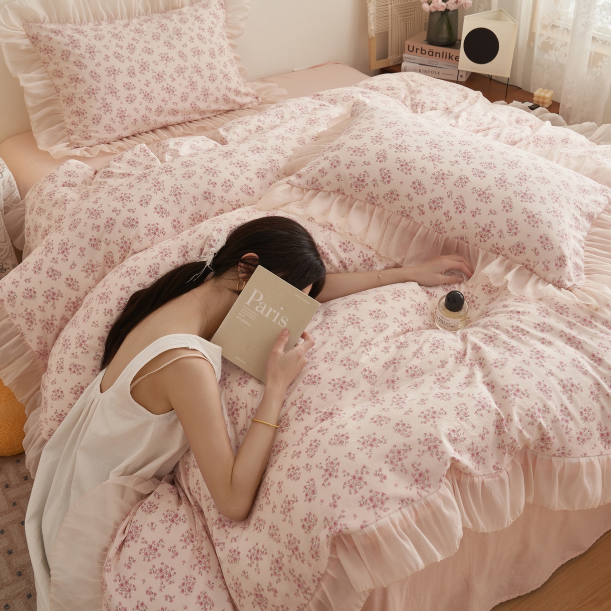 91家纺网 家纺一手货源 找家纺 晨曦家纺 2026春夏新款雪花皱纱花边小碎花小清新少女风四件套 奶油樱花