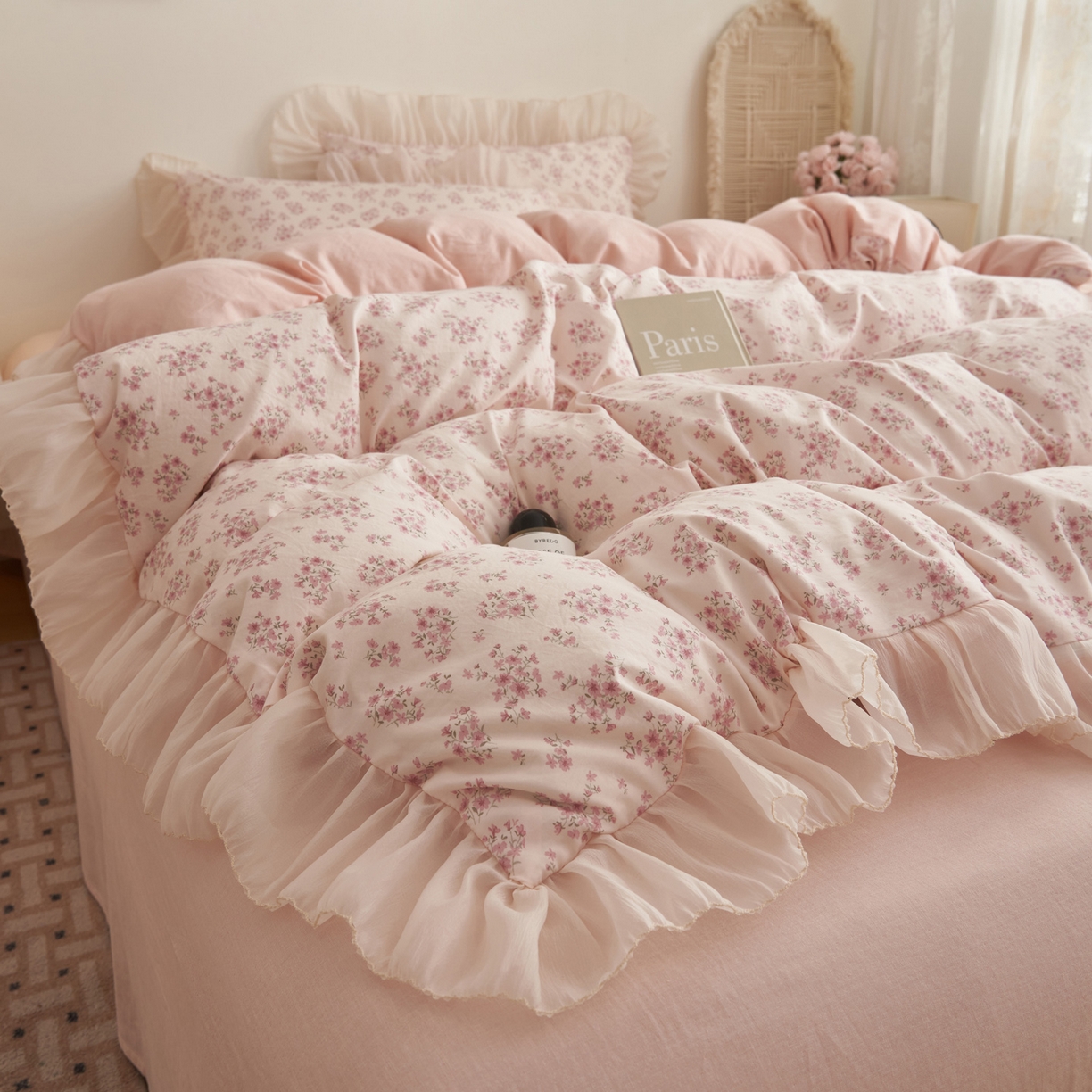 91家纺网 家纺一手货源 找家纺 晨曦家纺 2026春夏新款雪花皱纱花边小碎花小清新少女风四件套 奶油樱花