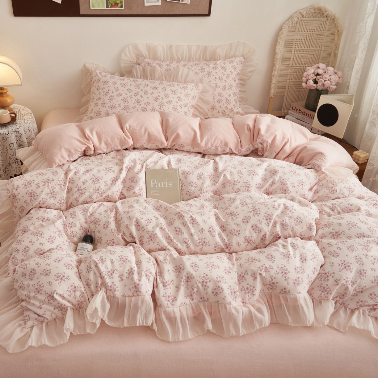 91家纺网 家纺一手货源 找家纺 晨曦家纺 2026春夏新款雪花皱纱花边小碎花小清新少女风四件套 奶油樱花