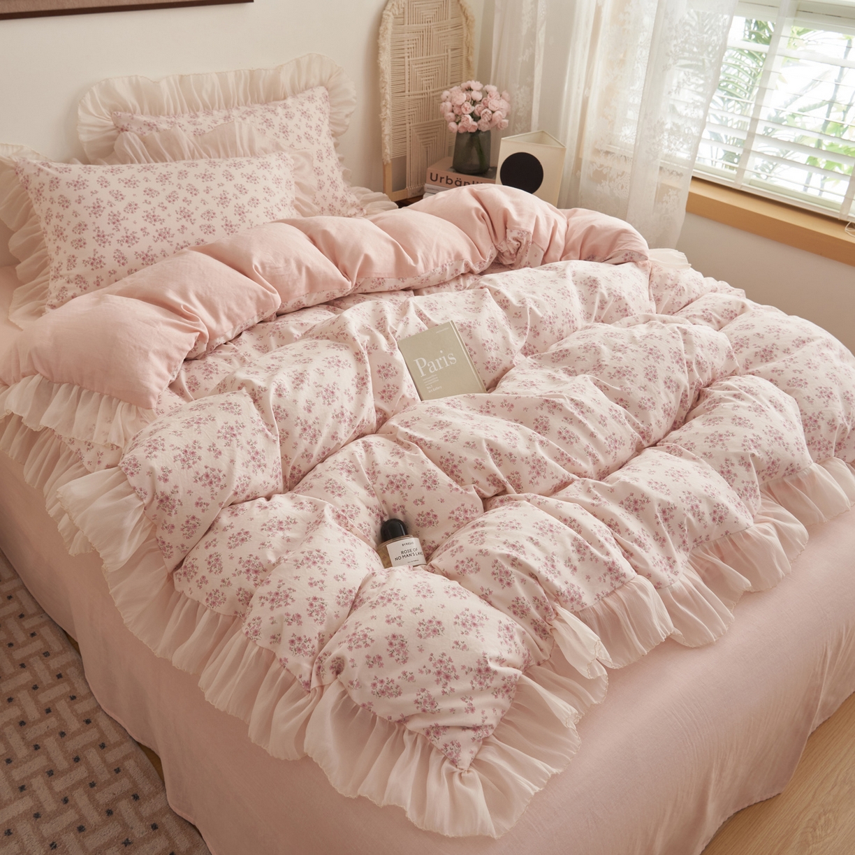 91家纺网 家纺一手货源 找家纺 晨曦家纺 2026春夏新款雪花皱纱花边小碎花小清新少女风四件套 奶油樱花