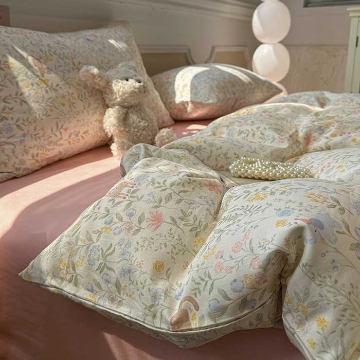 91家纺网 家纺一手货源 找家纺 忆生活家纺 2026春夏新款A类全棉纯棉有氧双层纱小清新四件套 洛克庄园