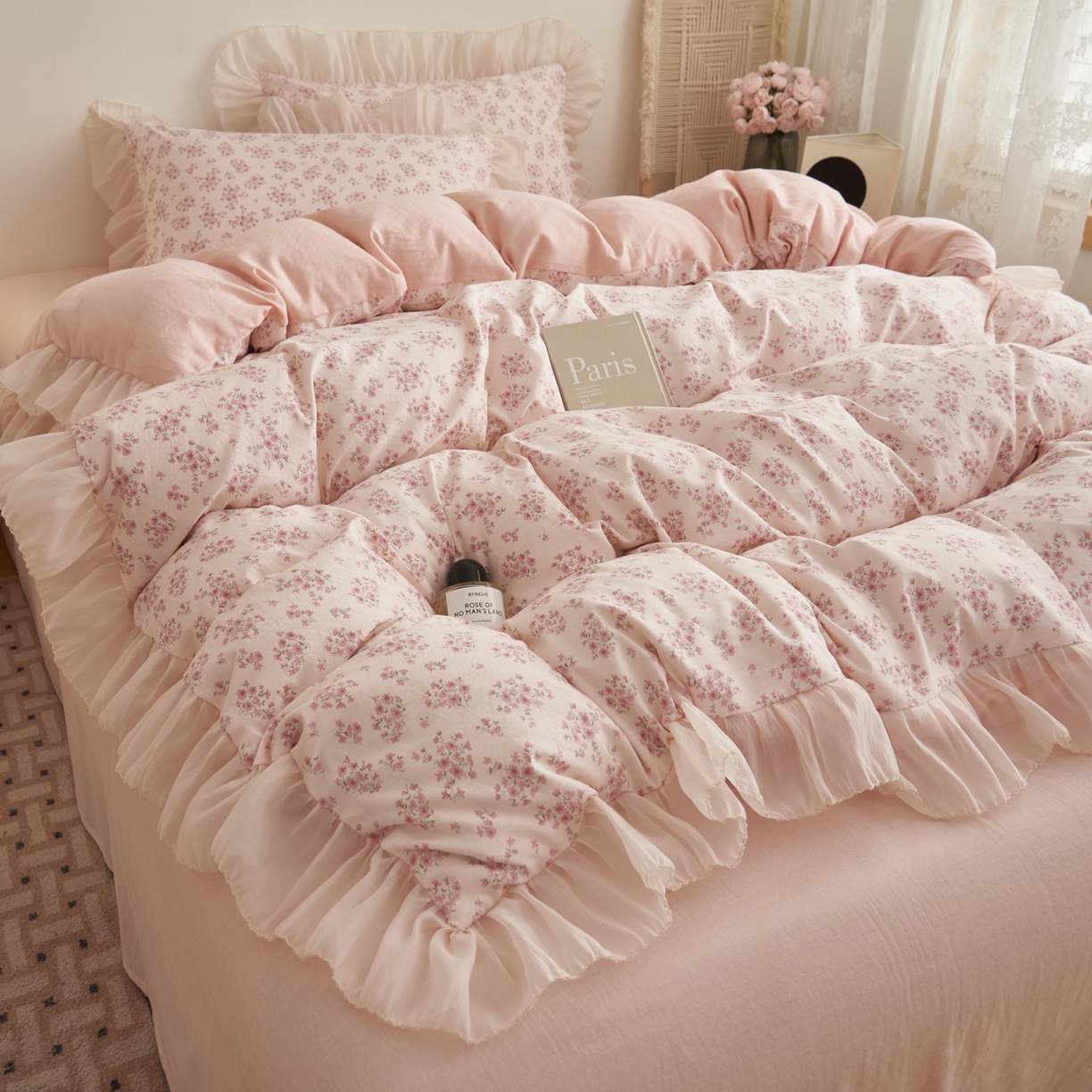 91家纺网 家纺一手货源 找家纺 晨曦家纺 2026春夏新款雪花皱纱花边小碎花小清新少女风四件套 奶油樱花