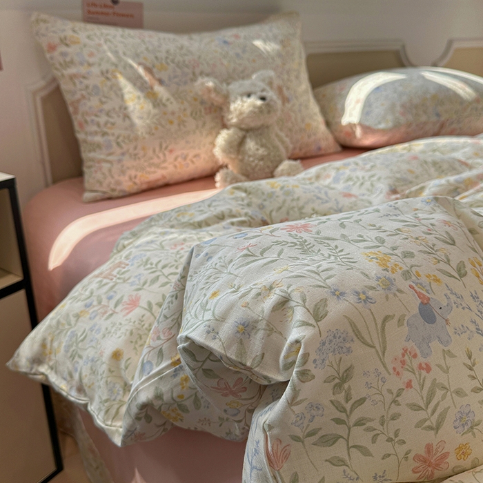 91家纺网 家纺一手货源 找家纺 忆生活家纺 2026春夏新款A类全棉纯棉有氧双层纱小清新四件套 洛克庄园