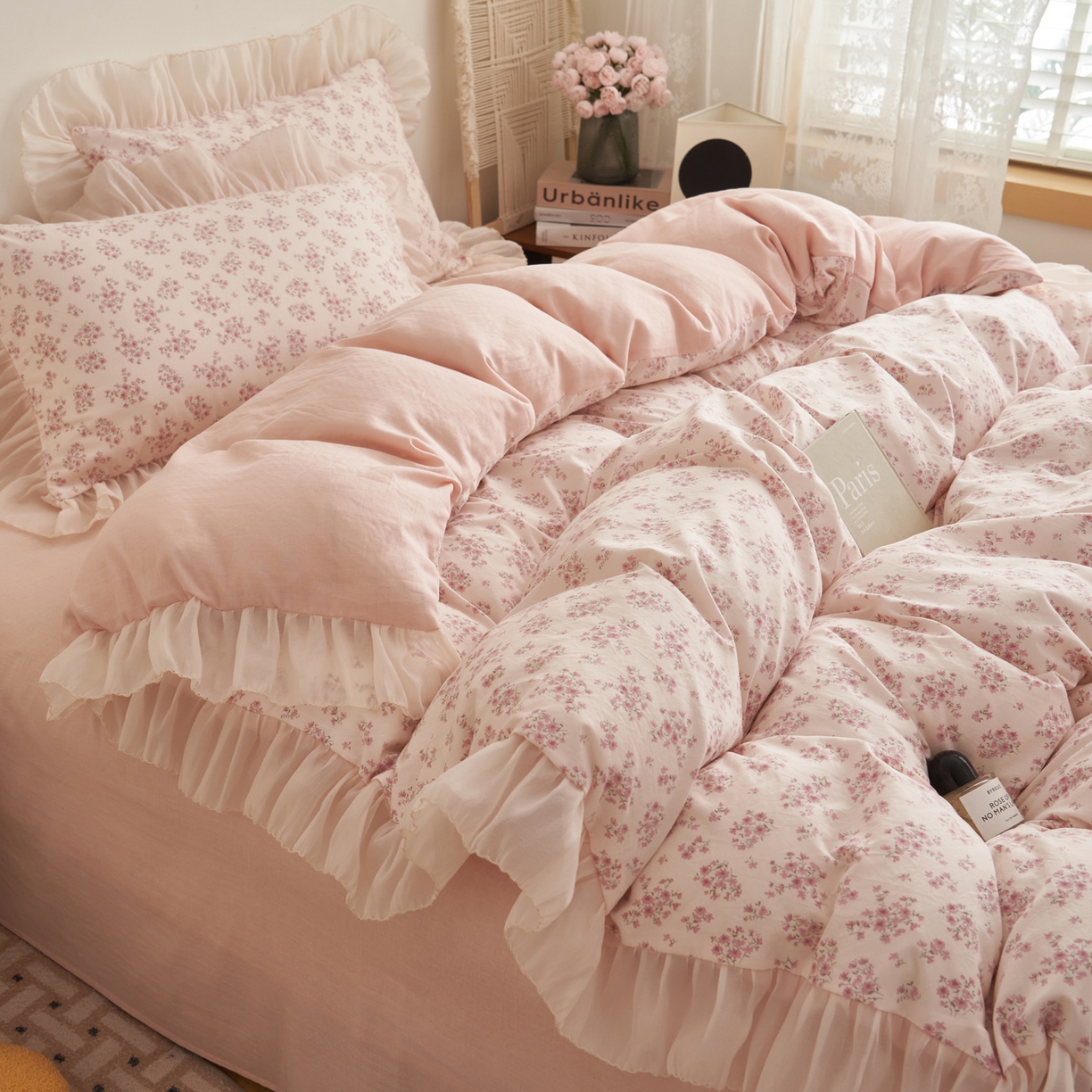 91家纺网 家纺一手货源 找家纺 晨曦家纺 2026春夏新款雪花皱纱花边小碎花小清新少女风四件套 奶油樱花