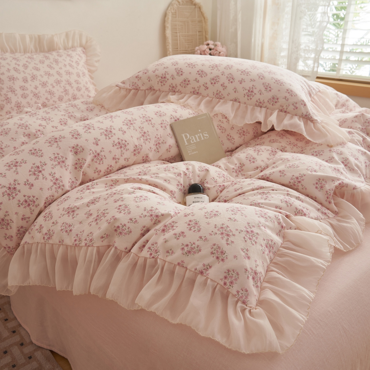 91家纺网 家纺一手货源 找家纺 晨曦家纺 2026春夏新款雪花皱纱花边小碎花小清新少女风四件套 奶油樱花