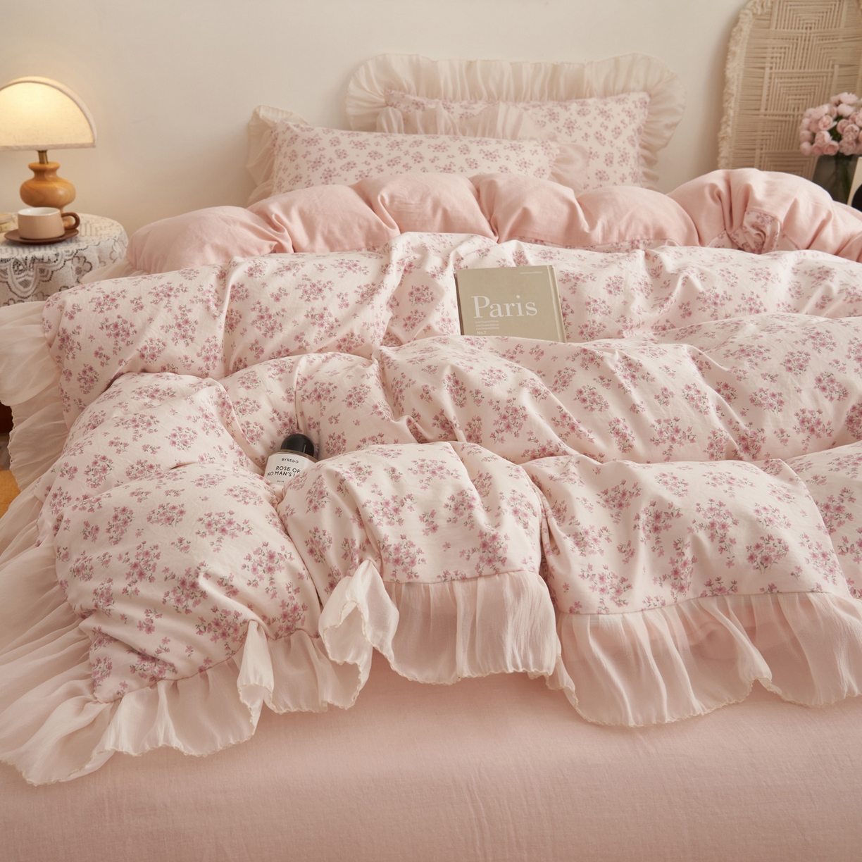 91家纺网 家纺一手货源 找家纺 晨曦家纺 2026春夏新款雪花皱纱花边小碎花小清新少女风四件套 奶油樱花