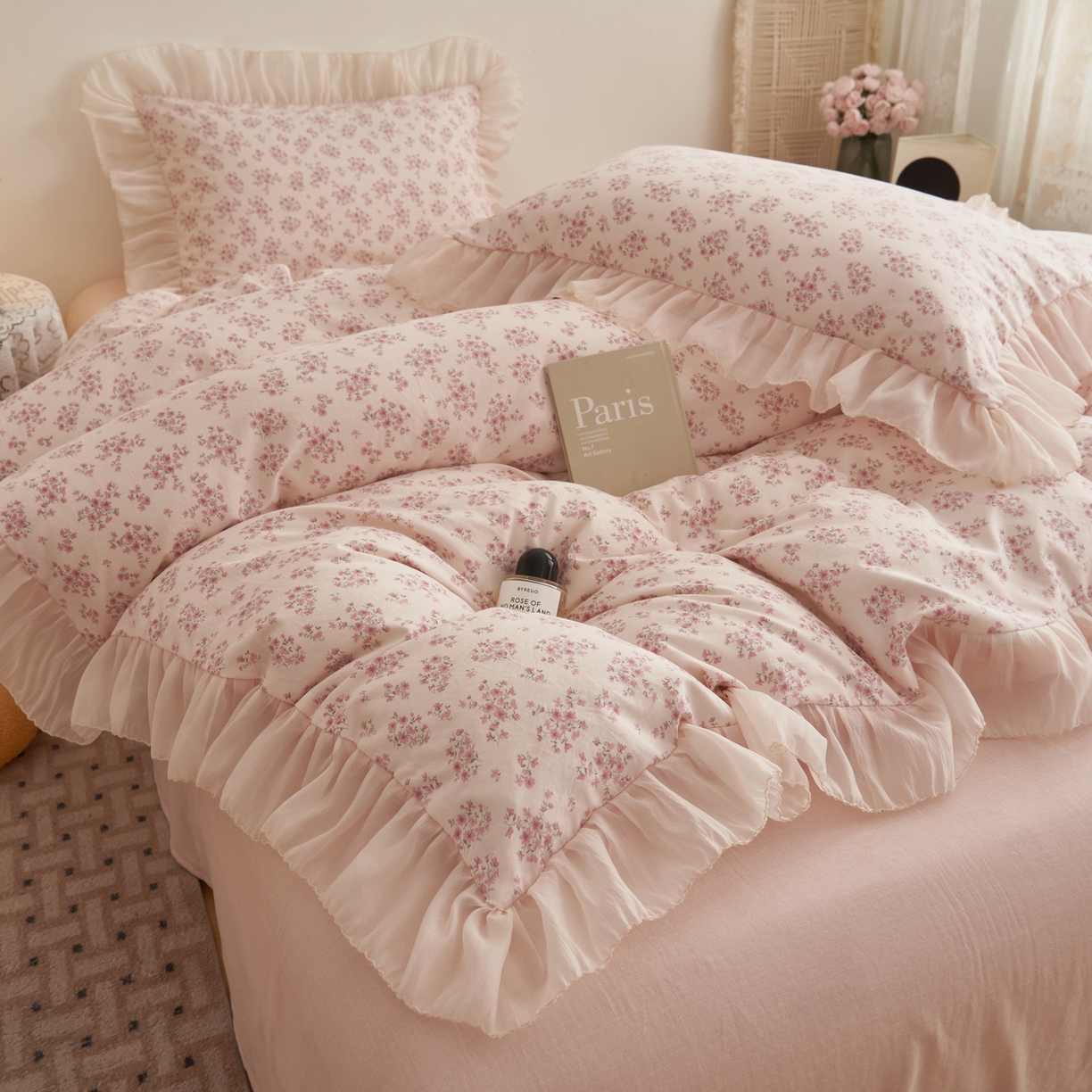 91家纺网 家纺一手货源 找家纺 晨曦家纺 2026春夏新款雪花皱纱花边小碎花小清新少女风四件套 奶油樱花