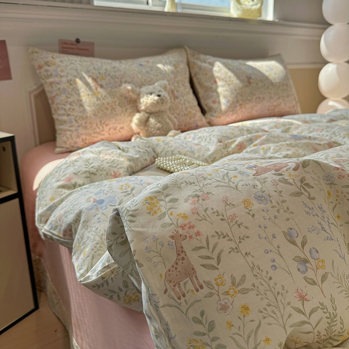 91家纺网 家纺一手货源 找家纺 忆生活家纺 2026春夏新款A类全棉纯棉有氧双层纱小清新四件套 洛克庄园