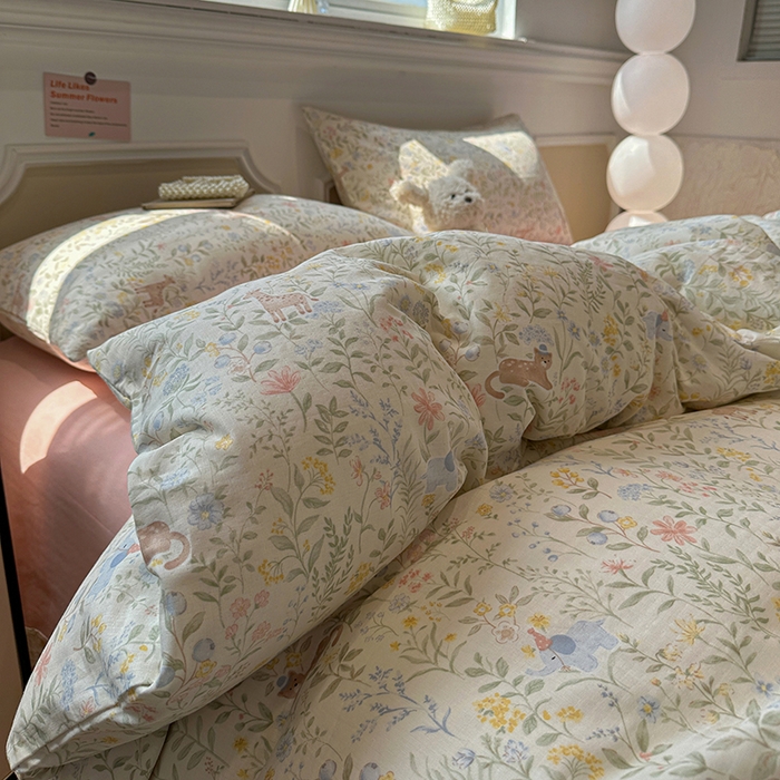 91家纺网 家纺一手货源 找家纺 忆生活家纺 2026春夏新款A类全棉纯棉有氧双层纱小清新四件套 洛克庄园