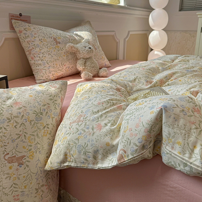 91家纺网 家纺一手货源 找家纺 忆生活家纺 2026春夏新款A类全棉纯棉有氧双层纱小清新四件套 洛克庄园