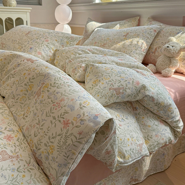 91家纺网 家纺一手货源 找家纺 忆生活家纺 2026春夏新款A类全棉纯棉有氧双层纱小清新四件套 洛克庄园