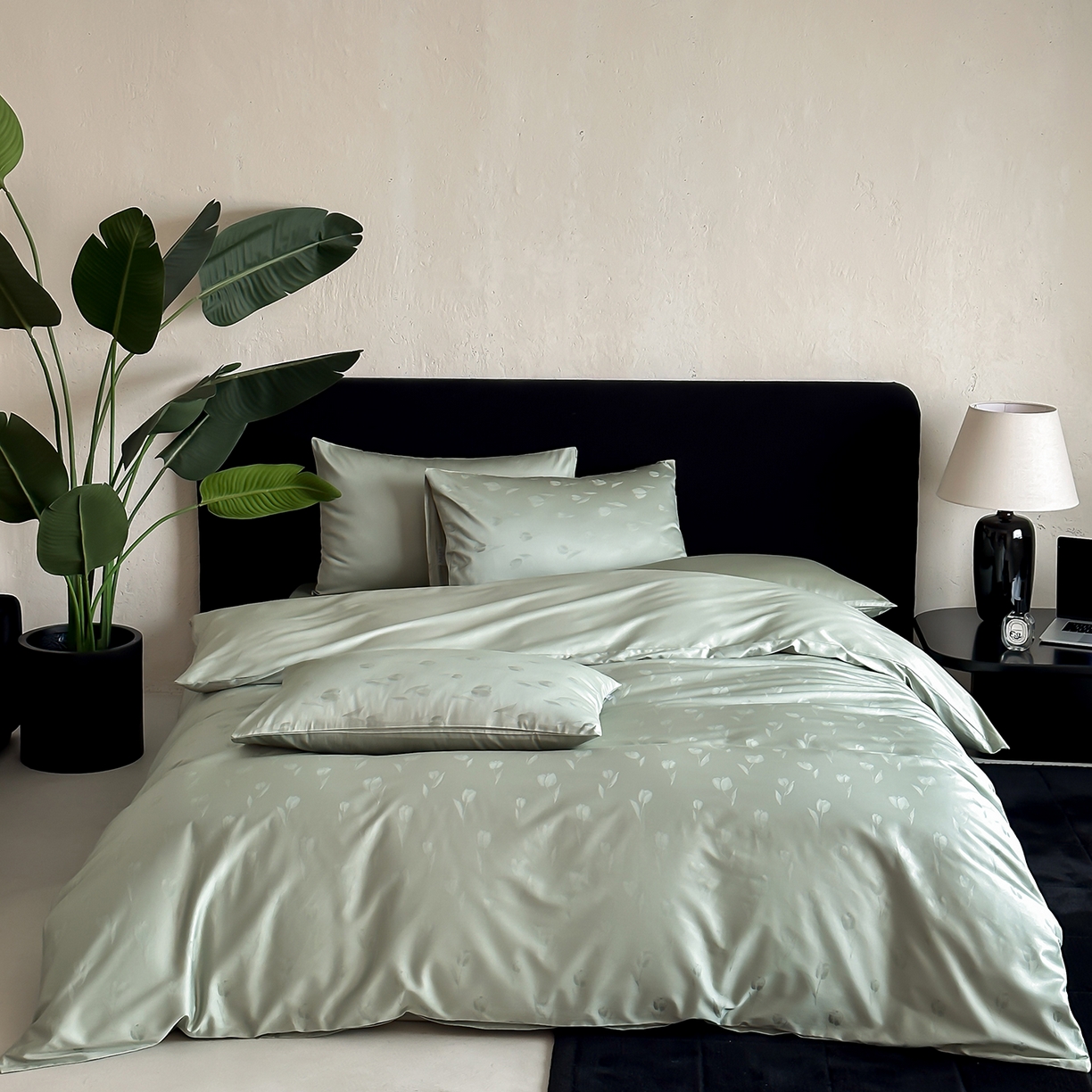 时光里 2026新款100S贡缎提花全棉四件套 晚风郁影-绿