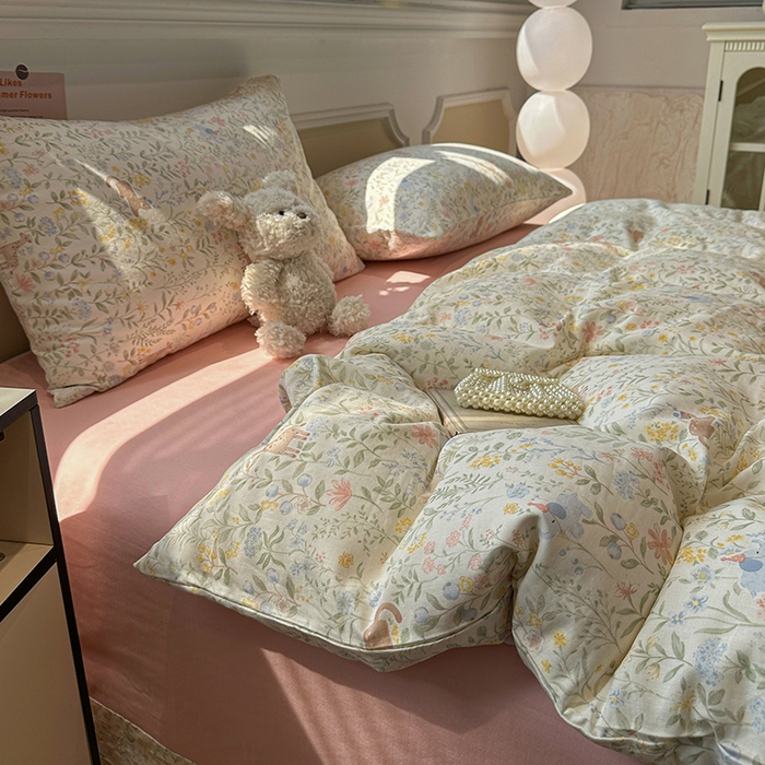 91家纺网 家纺一手货源 找家纺 忆生活家纺 2026春夏新款A类全棉纯棉有氧双层纱小清新四件套 洛克庄园