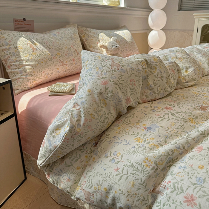 91家纺网 家纺一手货源 找家纺 忆生活家纺 2026春夏新款A类全棉纯棉有氧双层纱小清新四件套 洛克庄园