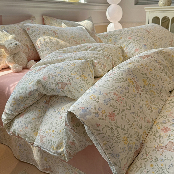 91家纺网 家纺一手货源 找家纺 忆生活家纺 2026春夏新款A类全棉纯棉有氧双层纱小清新四件套 洛克庄园