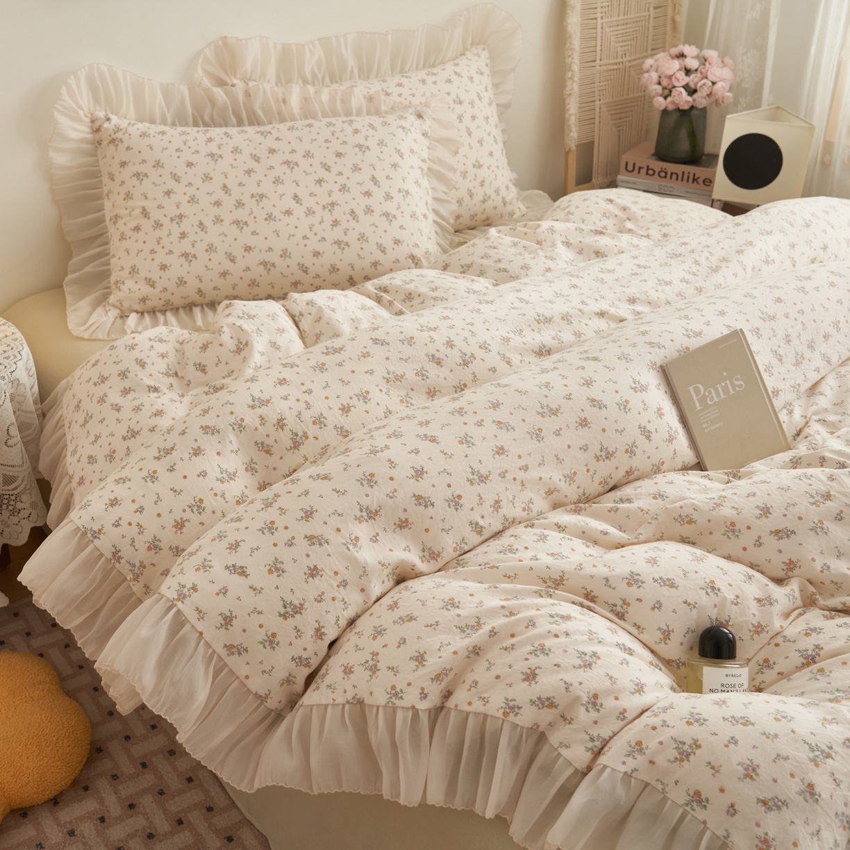 91家纺网 家纺一手货源 找家纺 晨曦家纺 2026春夏新款雪花皱纱花边小碎花小清新少女风四件套 秋日蜜橘