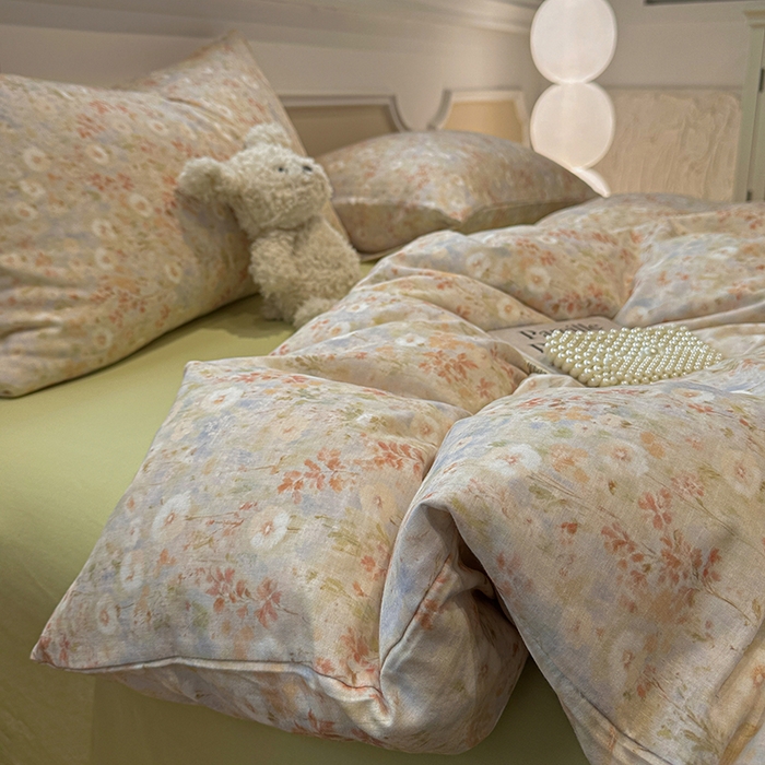 91家纺网 家纺一手货源 找家纺 忆生活家纺 2026春夏新款A类全棉纯棉有氧双层纱小清新四件套 漫屿-黄