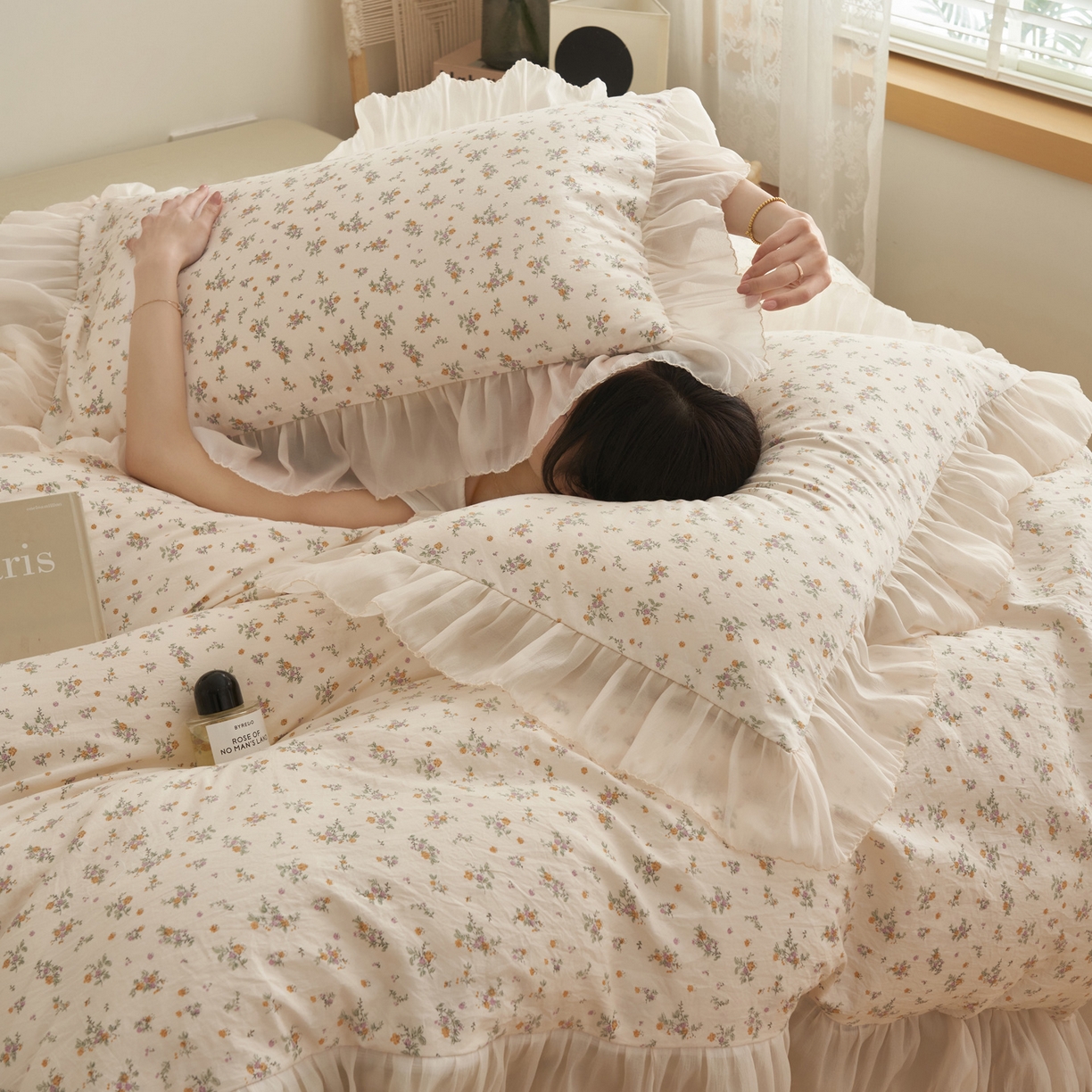 91家纺网 家纺一手货源 找家纺 晨曦家纺 2026春夏新款雪花皱纱花边小碎花小清新少女风四件套 秋日蜜橘