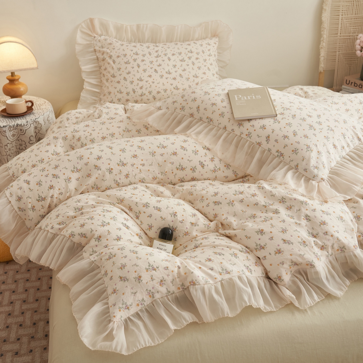 91家纺网 家纺一手货源 找家纺 晨曦家纺 2026春夏新款雪花皱纱花边小碎花小清新少女风四件套 秋日蜜橘