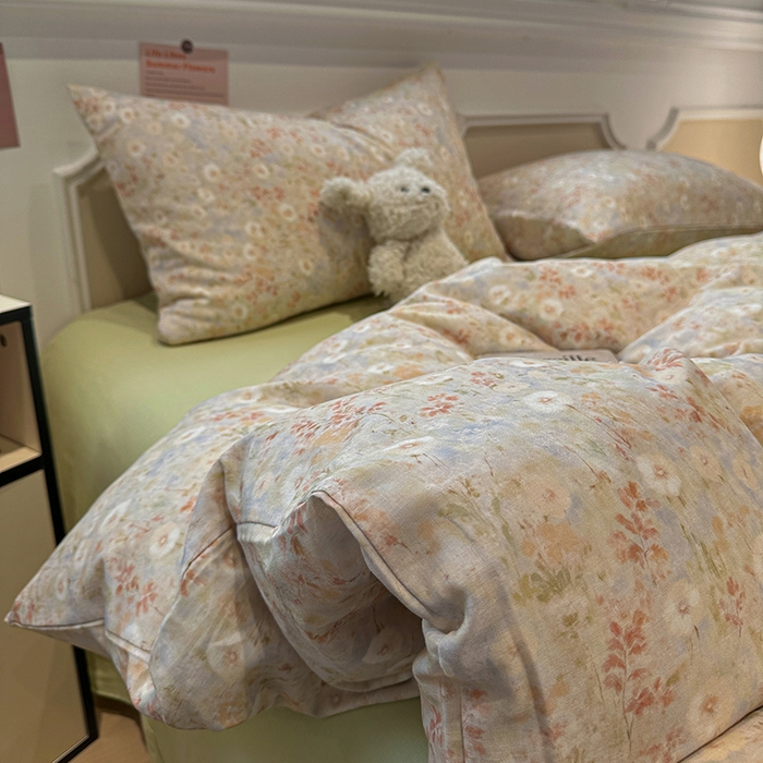 91家纺网 家纺一手货源 找家纺 忆生活家纺 2026春夏新款A类全棉纯棉有氧双层纱小清新四件套 漫屿-黄