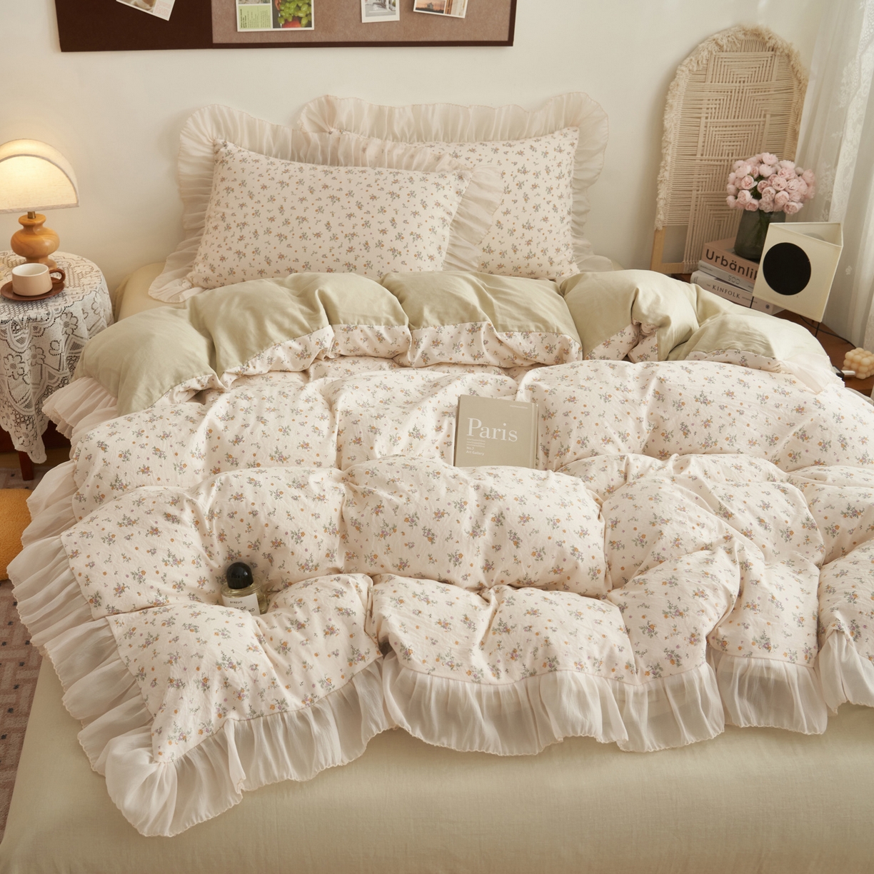 91家纺网 家纺一手货源 找家纺 晨曦家纺 2026春夏新款雪花皱纱花边小碎花小清新少女风四件套 秋日蜜橘