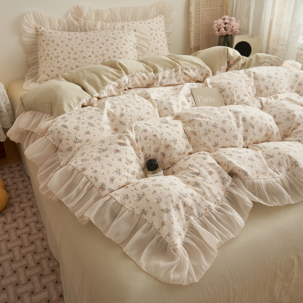 91家纺网 家纺一手货源 找家纺 晨曦家纺 2026春夏新款雪花皱纱花边小碎花小清新少女风四件套 秋日蜜橘