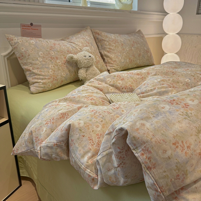 91家纺网 家纺一手货源 找家纺 忆生活家纺 2026春夏新款A类全棉纯棉有氧双层纱小清新四件套 漫屿-黄