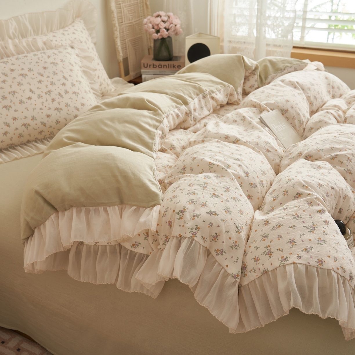 91家纺网 家纺一手货源 找家纺 晨曦家纺 2026春夏新款雪花皱纱花边小碎花小清新少女风四件套 秋日蜜橘