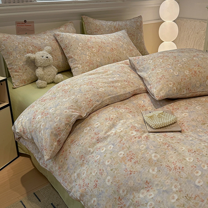 91家纺网 家纺一手货源 找家纺 忆生活家纺 2026春夏新款A类全棉纯棉有氧双层纱小清新四件套 漫屿-黄