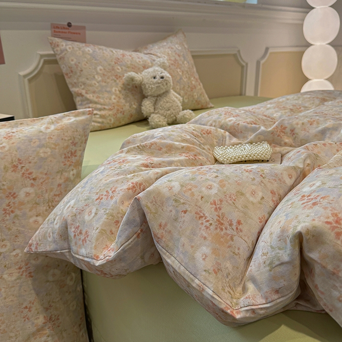 91家纺网 家纺一手货源 找家纺 忆生活家纺 2026春夏新款A类全棉纯棉有氧双层纱小清新四件套 漫屿-黄