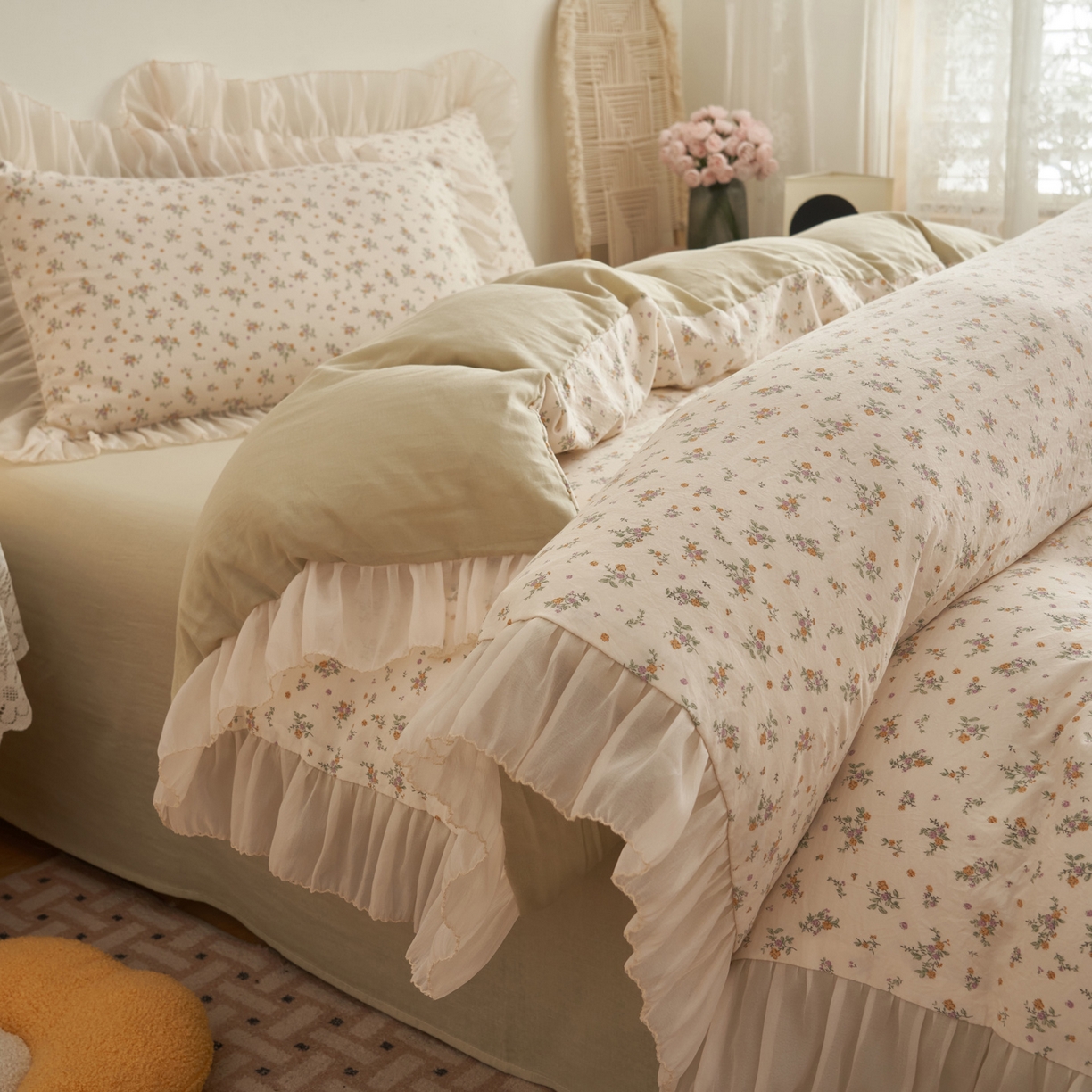 91家纺网 家纺一手货源 找家纺 晨曦家纺 2026春夏新款雪花皱纱花边小碎花小清新少女风四件套 秋日蜜橘