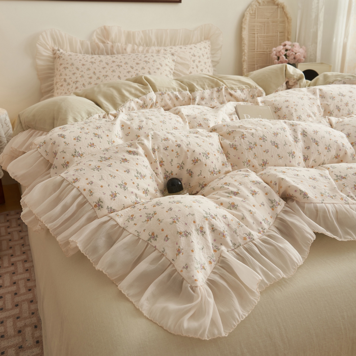 91家纺网 家纺一手货源 找家纺 晨曦家纺 2026春夏新款雪花皱纱花边小碎花小清新少女风四件套 秋日蜜橘