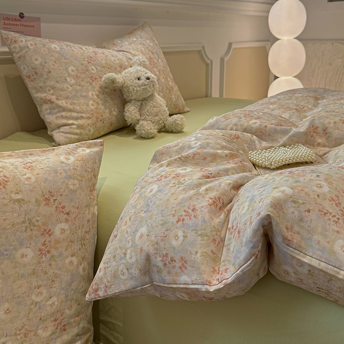 91家纺网 家纺一手货源 找家纺 忆生活家纺 2026春夏新款A类全棉纯棉有氧双层纱小清新四件套 漫屿-黄