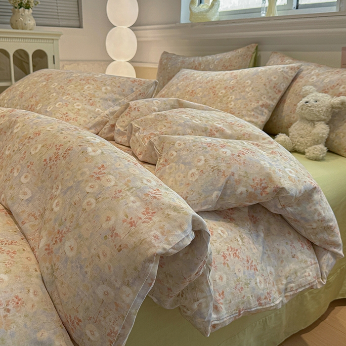 91家纺网 家纺一手货源 找家纺 忆生活家纺 2026春夏新款A类全棉纯棉有氧双层纱小清新四件套 漫屿-黄