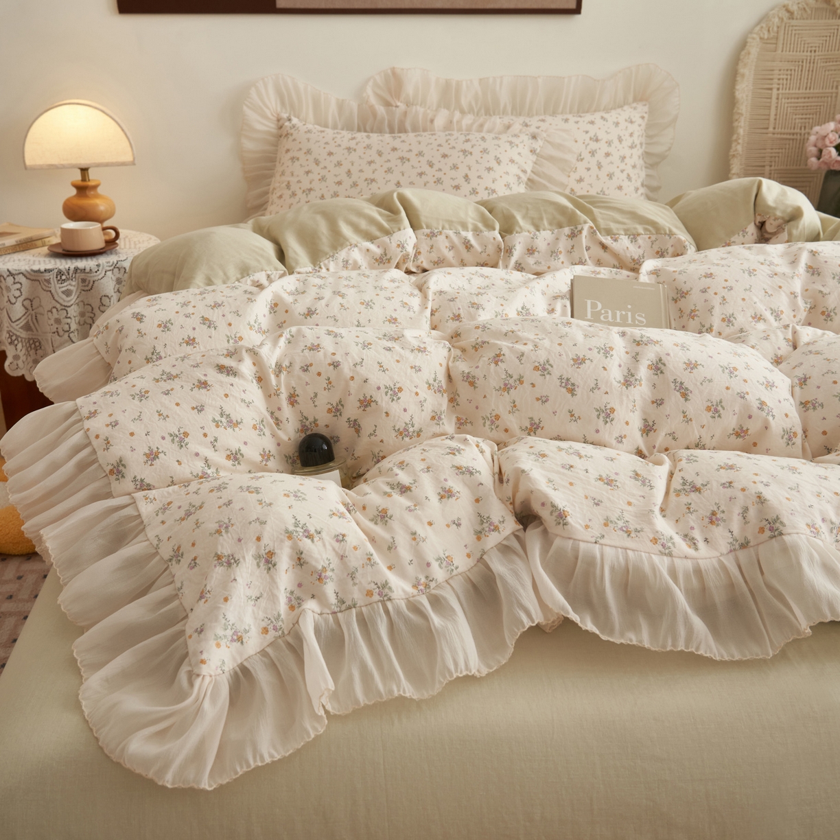 91家纺网 家纺一手货源 找家纺 晨曦家纺 2026春夏新款雪花皱纱花边小碎花小清新少女风四件套 秋日蜜橘