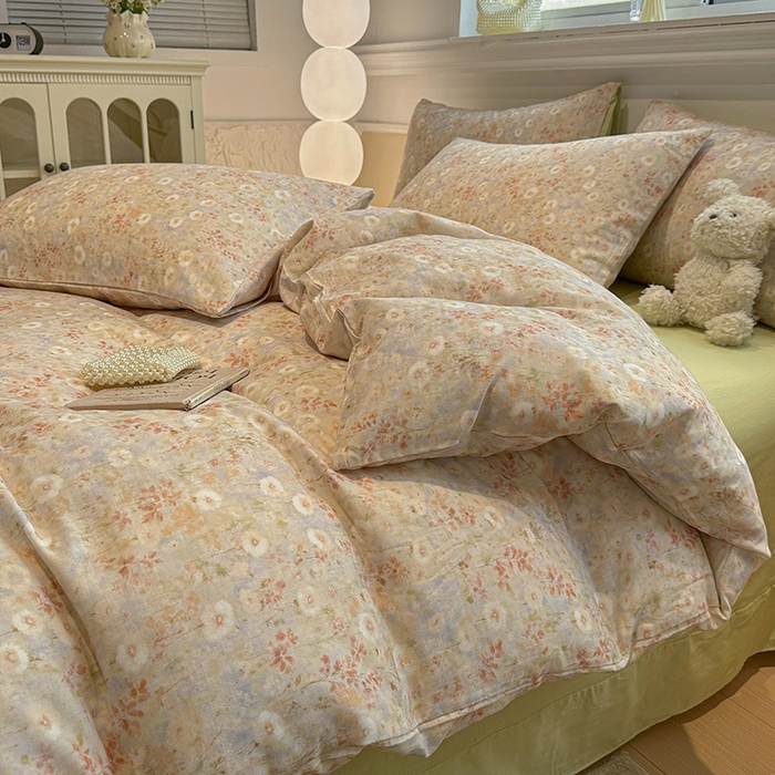 91家纺网 家纺一手货源 找家纺 忆生活家纺 2026春夏新款A类全棉纯棉有氧双层纱小清新四件套 漫屿-黄