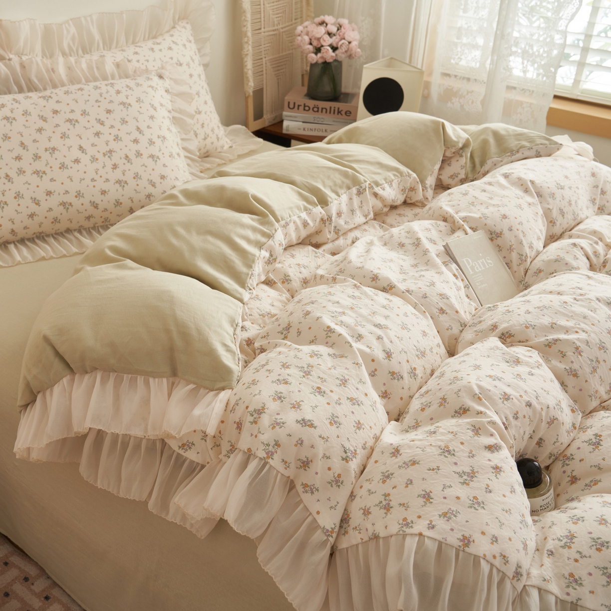 91家纺网 家纺一手货源 找家纺 晨曦家纺 2026春夏新款雪花皱纱花边小碎花小清新少女风四件套 秋日蜜橘