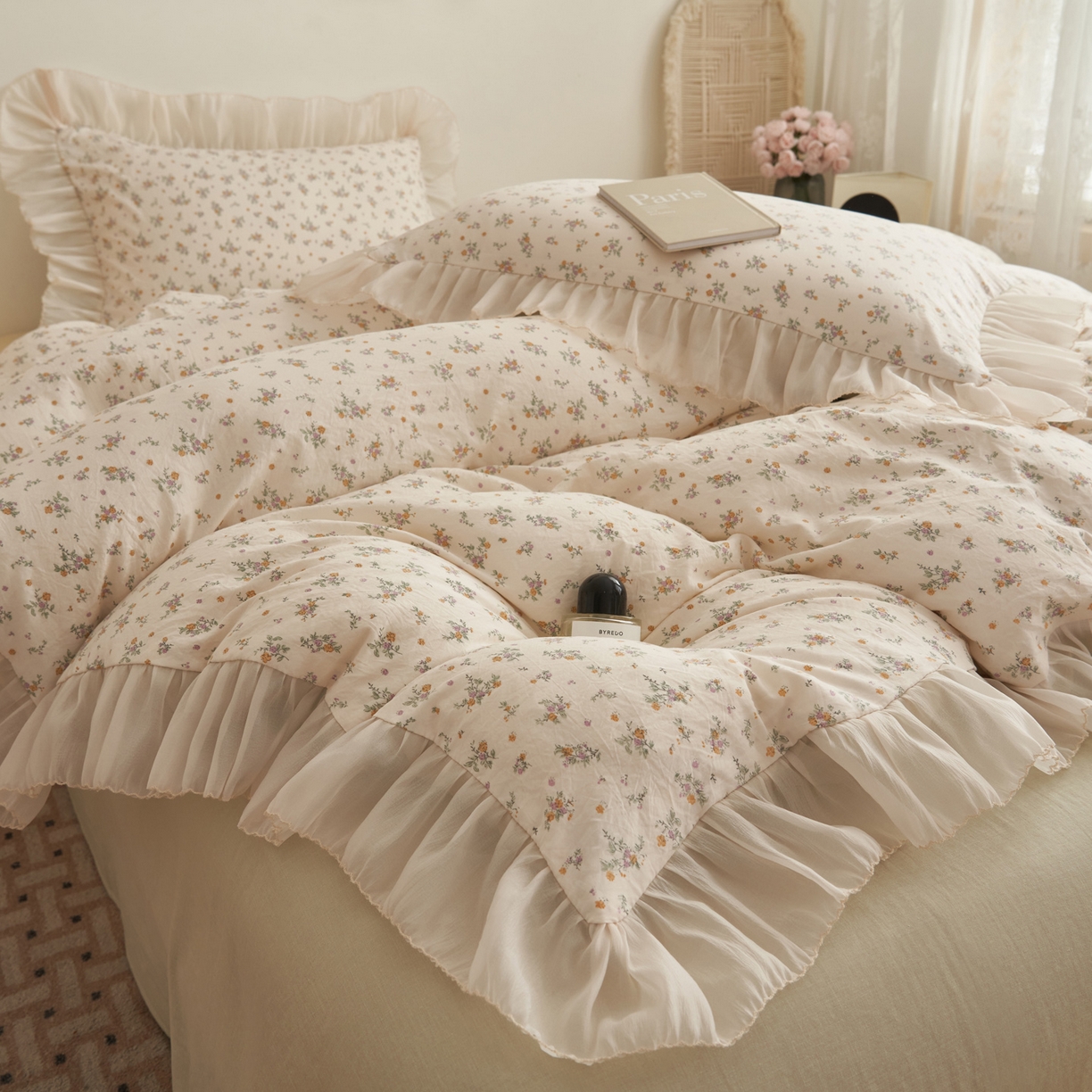 91家纺网 家纺一手货源 找家纺 晨曦家纺 2026春夏新款雪花皱纱花边小碎花小清新少女风四件套 秋日蜜橘