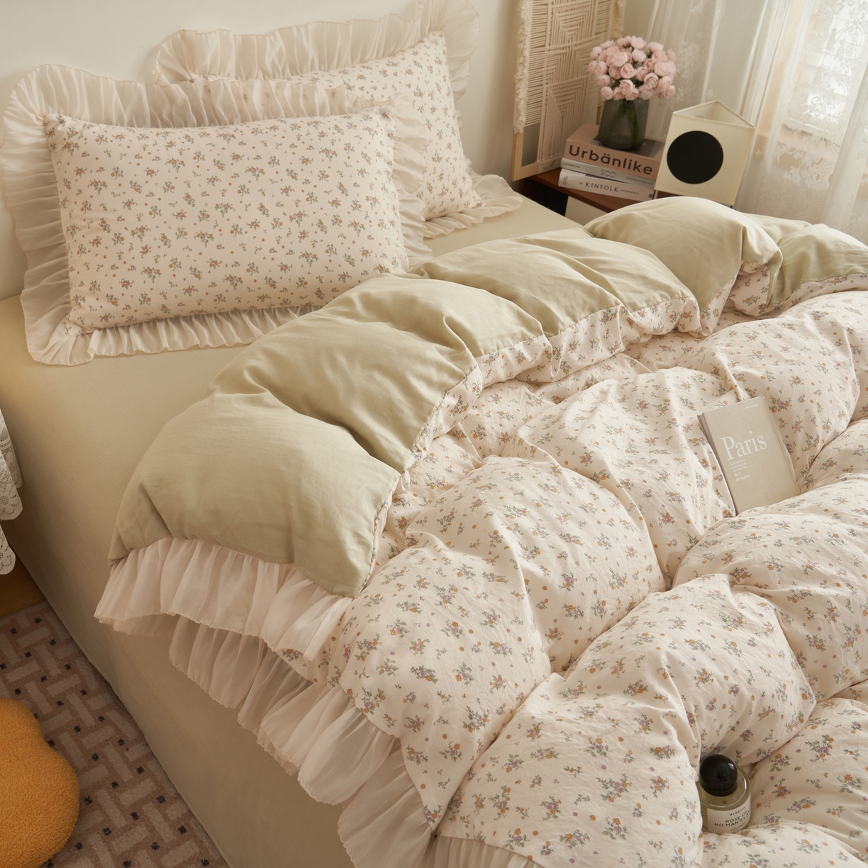 91家纺网 家纺一手货源 找家纺 晨曦家纺 2026春夏新款雪花皱纱花边小碎花小清新少女风四件套 秋日蜜橘