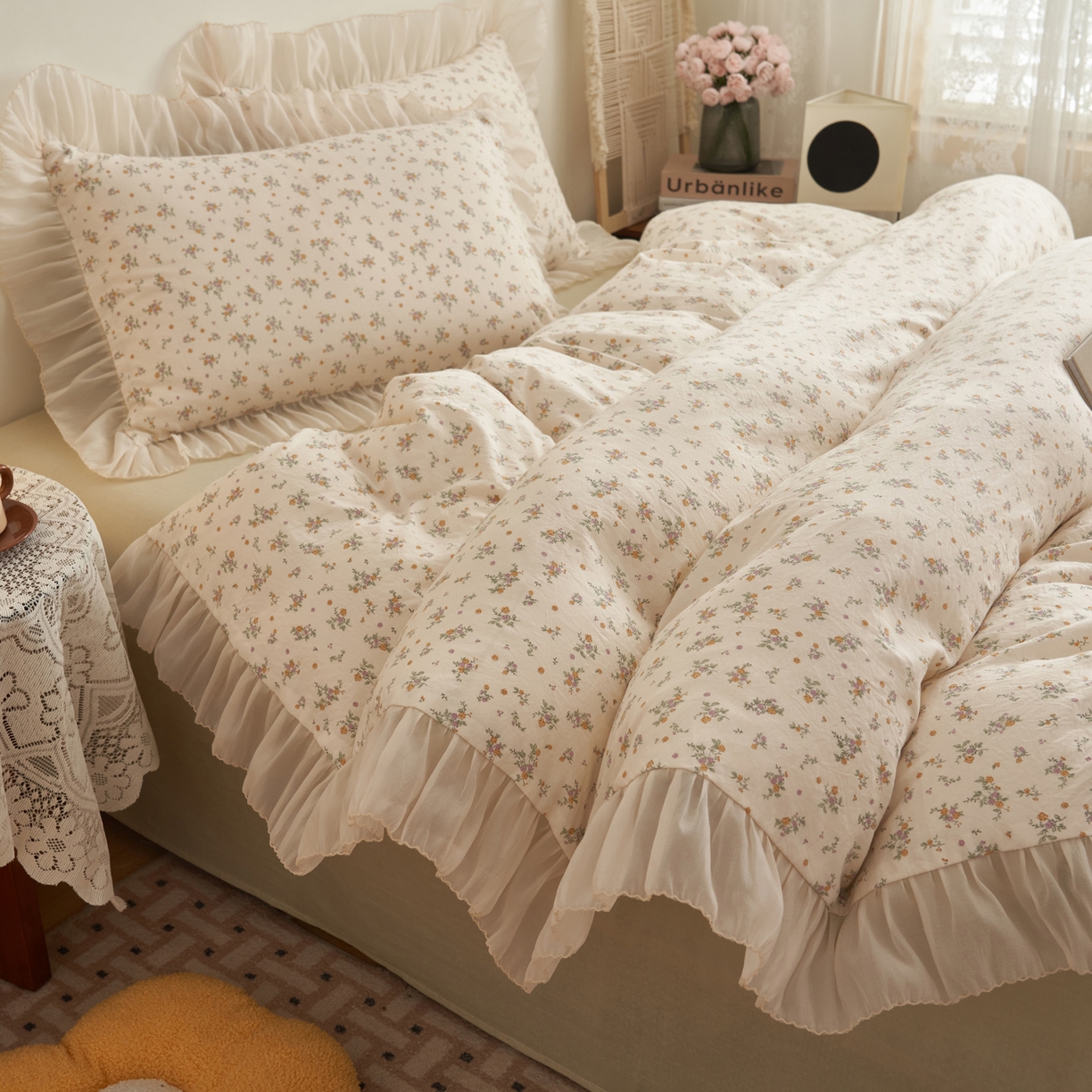 91家纺网 家纺一手货源 找家纺 晨曦家纺 2026春夏新款雪花皱纱花边小碎花小清新少女风四件套 秋日蜜橘