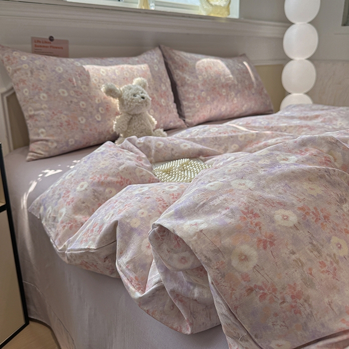 91家纺网 家纺一手货源 找家纺 忆生活家纺 2026春夏新款A类全棉纯棉有氧双层纱小清新四件套 漫屿-紫