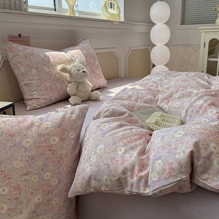 91家纺网 家纺一手货源 找家纺 忆生活家纺 2026春夏新款A类全棉纯棉有氧双层纱小清新四件套 漫屿-紫