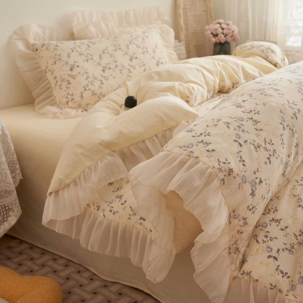 91家纺网 家纺一手货源 找家纺 晨曦家纺 2026春夏新款雪花皱纱花边小碎花小清新少女风四件套 绕枝蔷薇