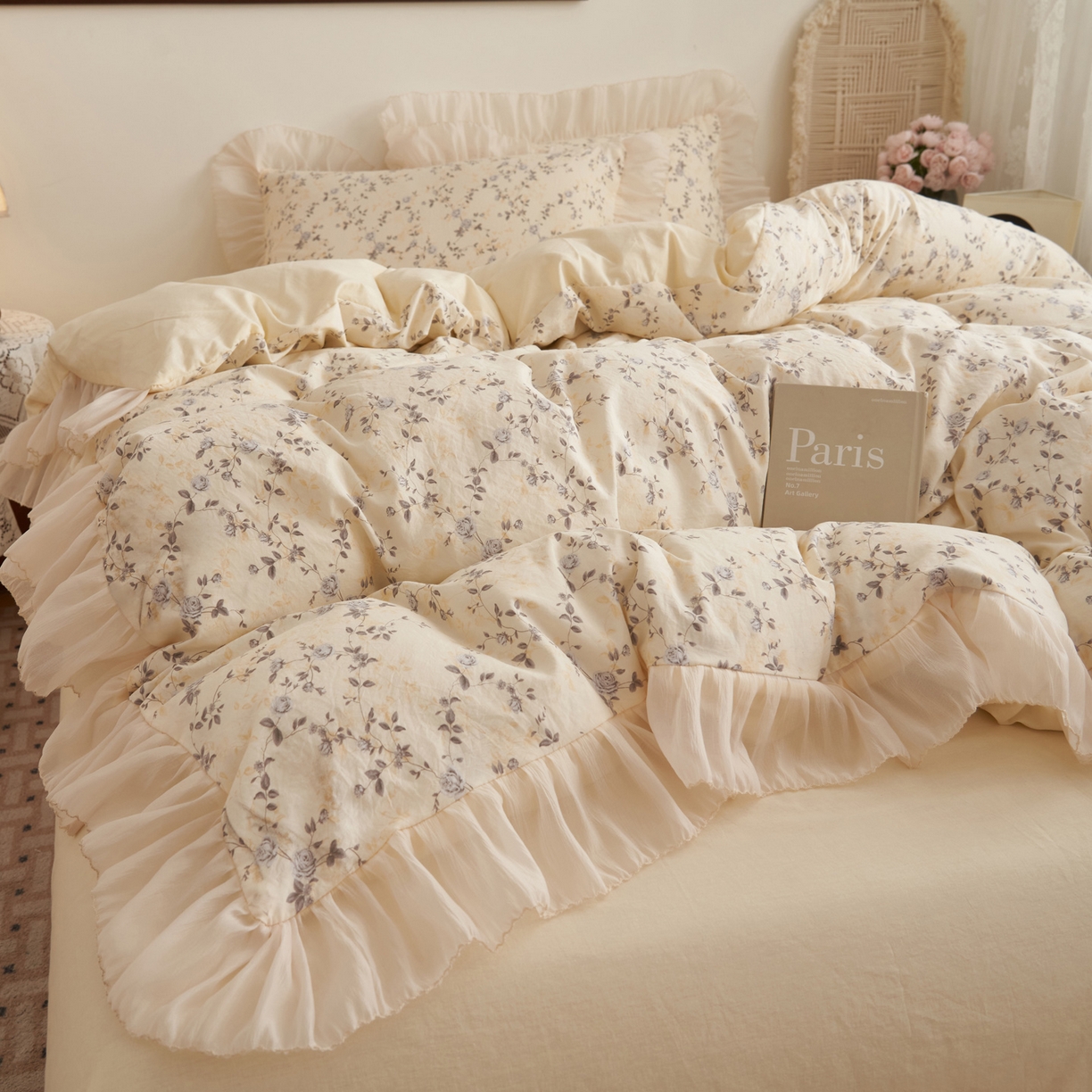 91家纺网 家纺一手货源 找家纺 晨曦家纺 2026春夏新款雪花皱纱花边小碎花小清新少女风四件套 绕枝蔷薇