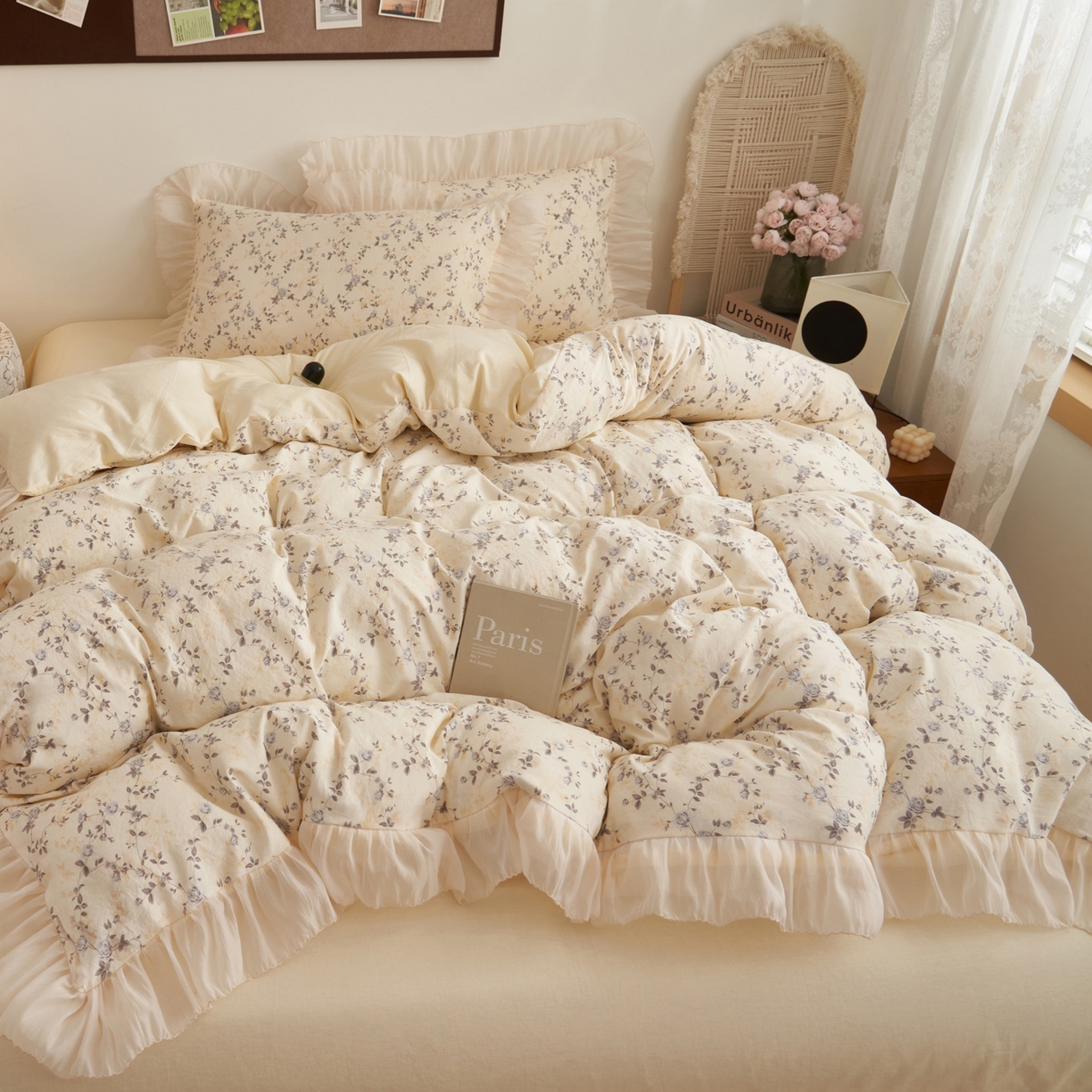 91家纺网 家纺一手货源 找家纺 晨曦家纺 2026春夏新款雪花皱纱花边小碎花小清新少女风四件套 绕枝蔷薇