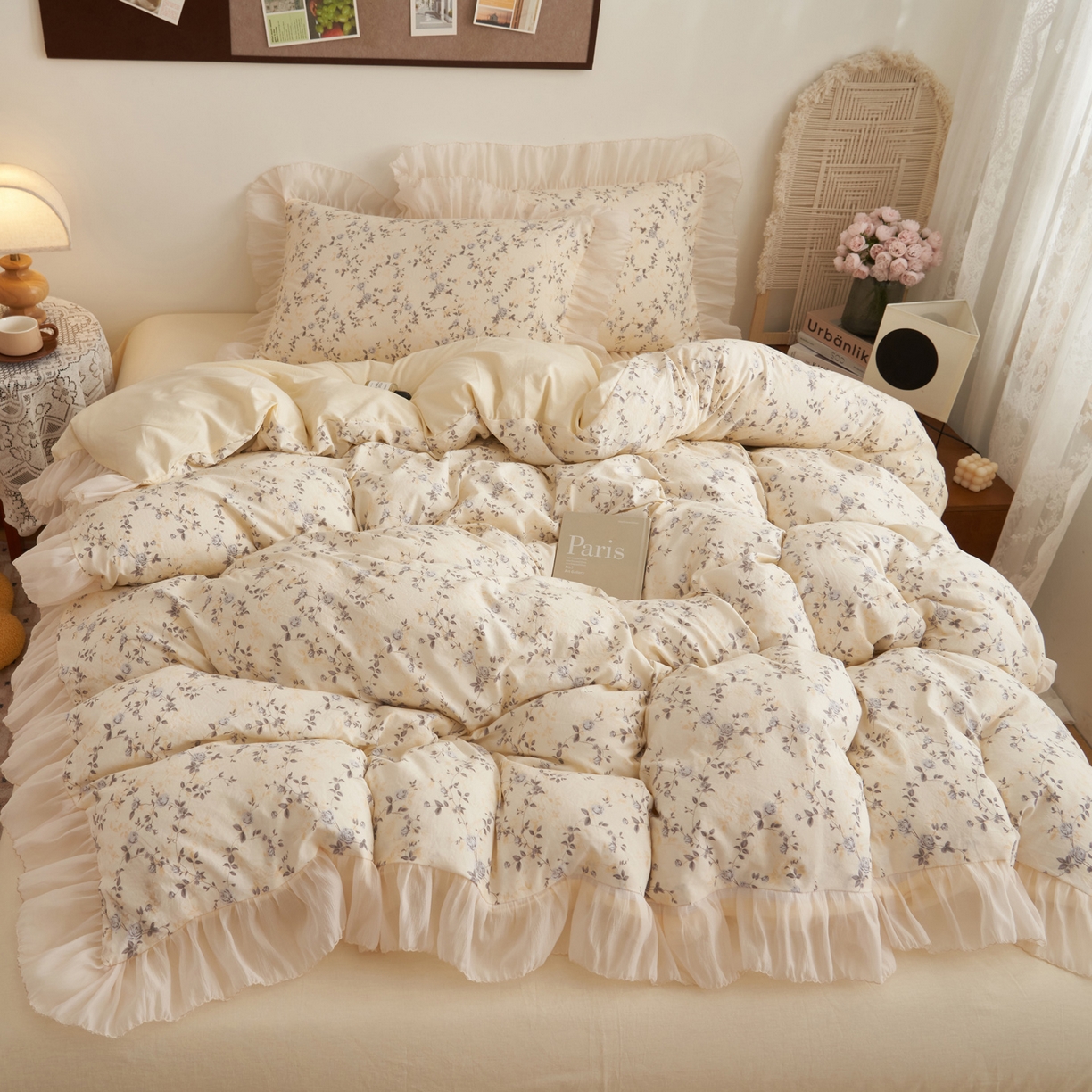 91家纺网 家纺一手货源 找家纺 晨曦家纺 2026春夏新款雪花皱纱花边小碎花小清新少女风四件套 绕枝蔷薇