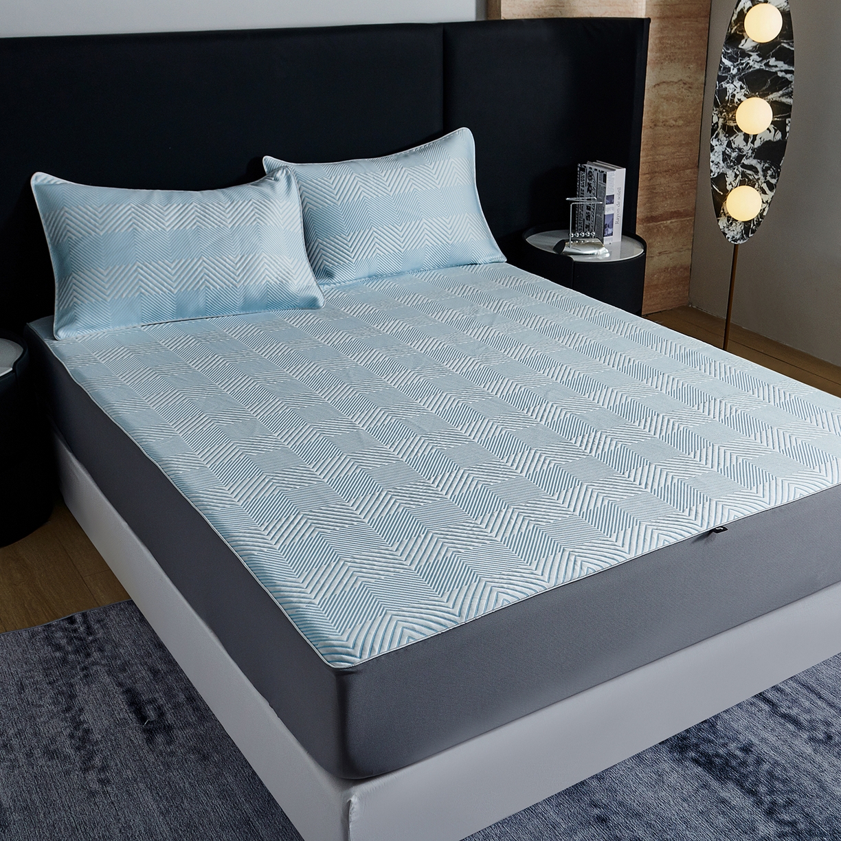 91家纺网 家纺一手货源 找家纺 CINNY馨宜 2026新款PE高分子凉感席三件套韩国雪花席床笠三件套 蓝方格