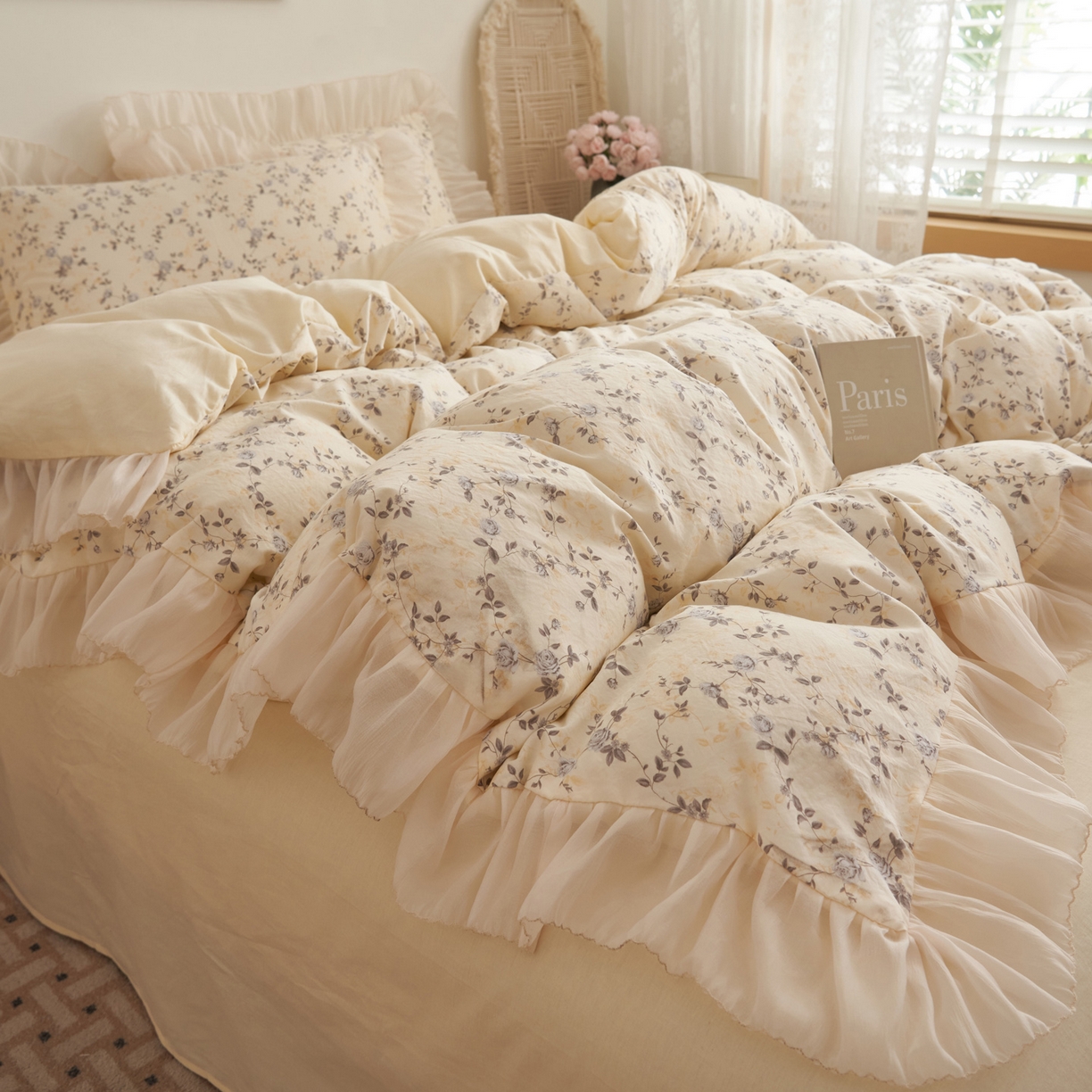 91家纺网 家纺一手货源 找家纺 晨曦家纺 2026春夏新款雪花皱纱花边小碎花小清新少女风四件套 绕枝蔷薇