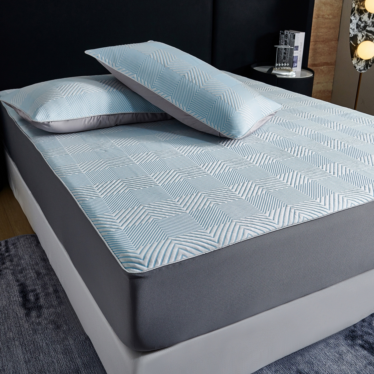 91家纺网 家纺一手货源 找家纺 CINNY馨宜 2026新款PE高分子凉感席三件套韩国雪花席床笠三件套 蓝方格